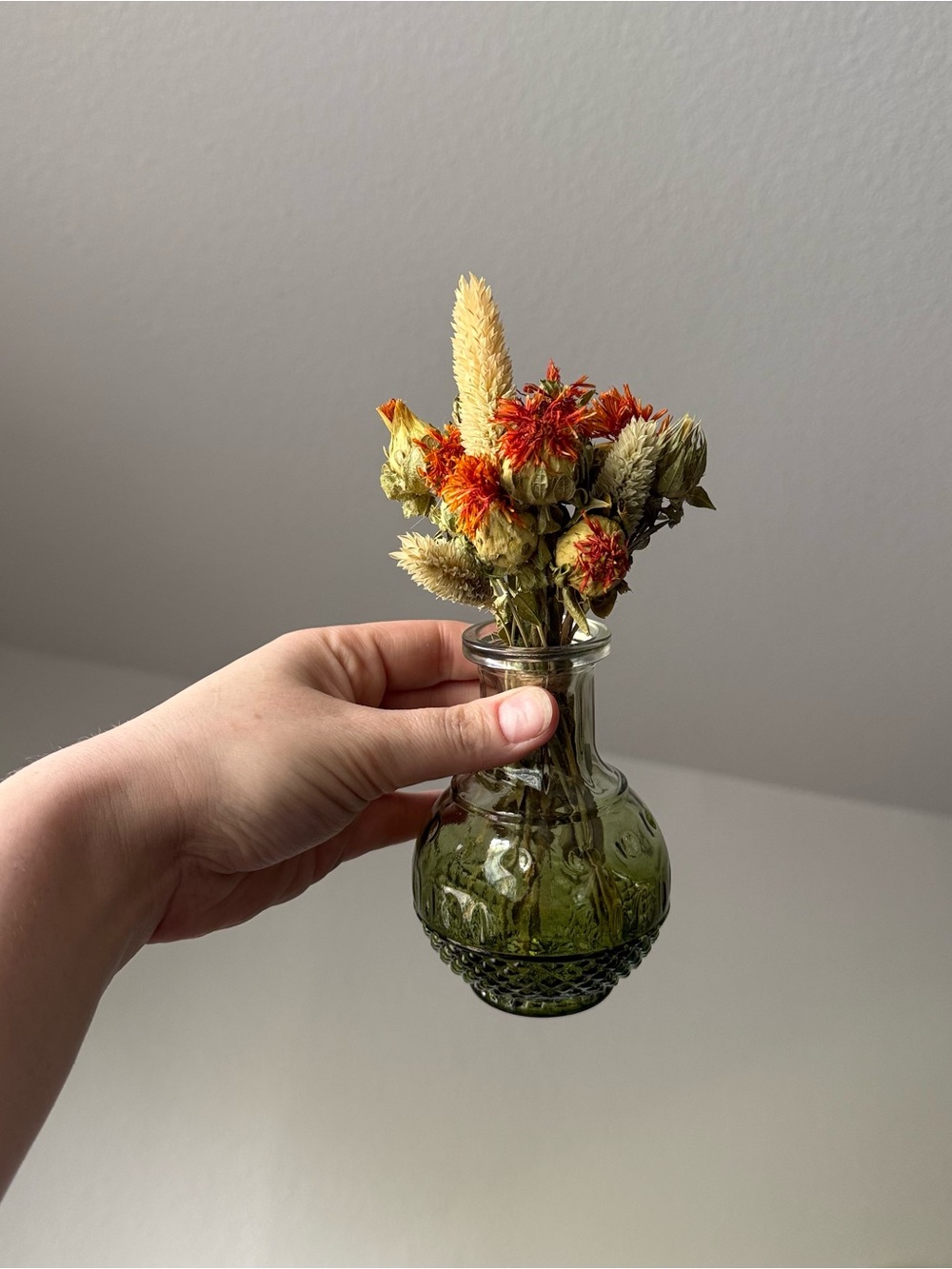 Olive Green Glass Bud Vase with Dried Floral Arrangement